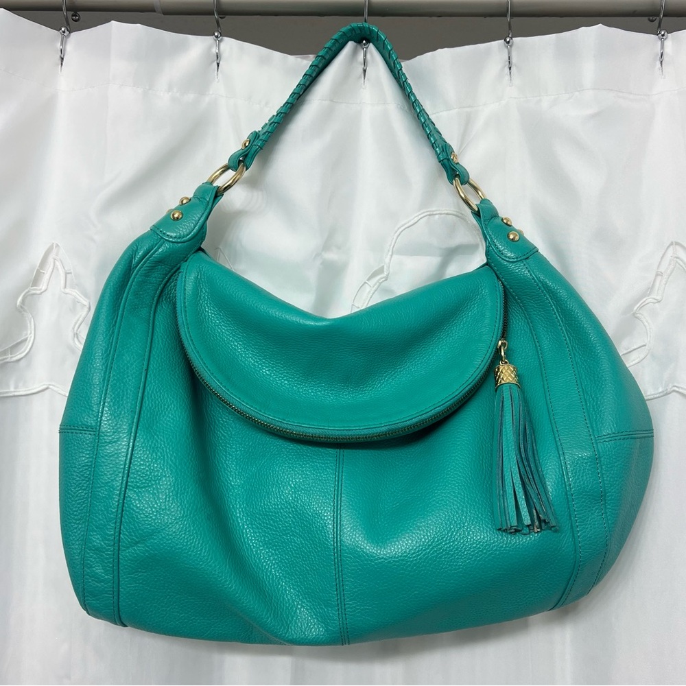 Onna Ehrlich Rachel Hobo Teal Pebbled Leather Tassel Shoulder Bag